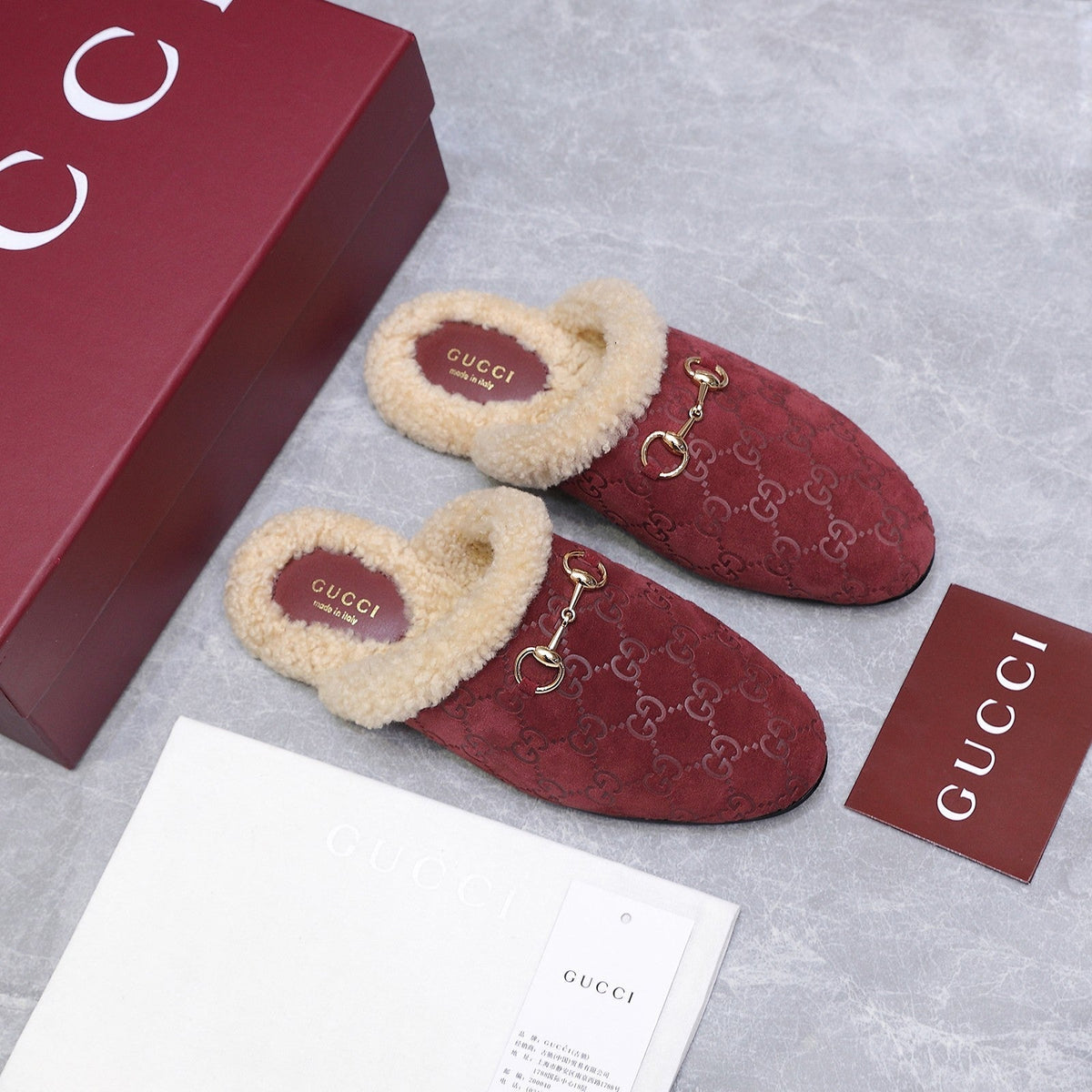 GG Horsebit Mules with Burgundy Insole Suede Shearing 547329