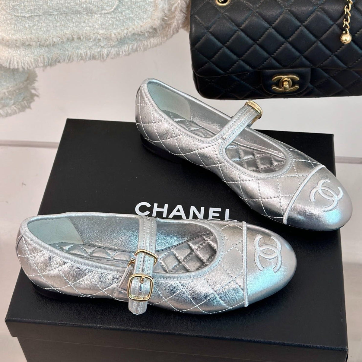 mary jane silver metalic quilted lambskin