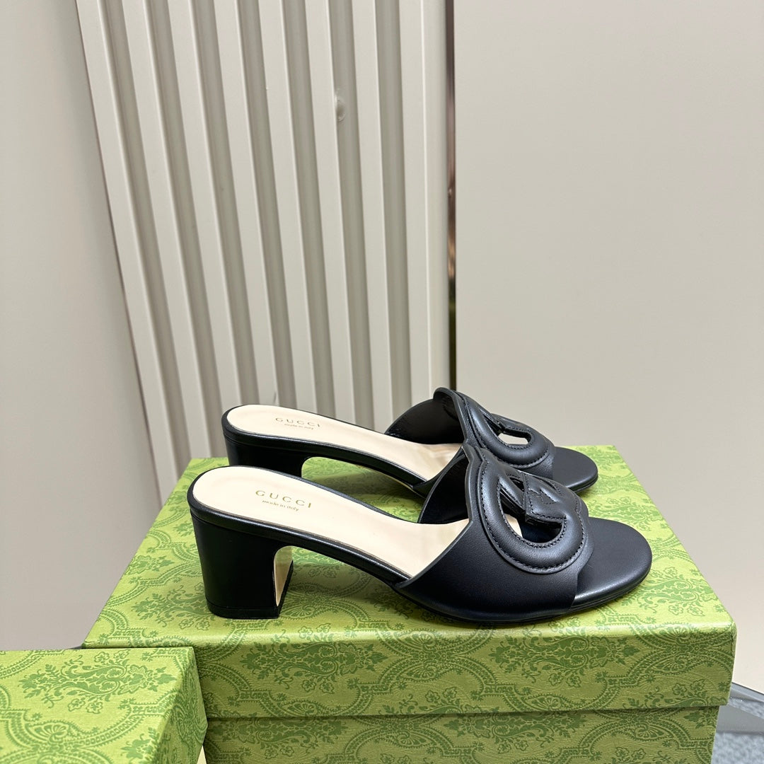 MID-HEEL 5 CM MULE IN BLACK CALFSKIN