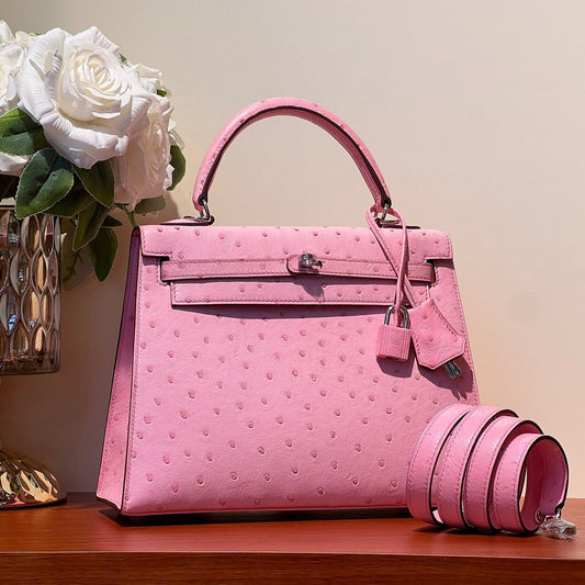 KELLY SELLIER 25 BAG IN DOLL PINK OSTRICH LEATHER WITH SILVER HARDWARE (MADE - TO - ODER)