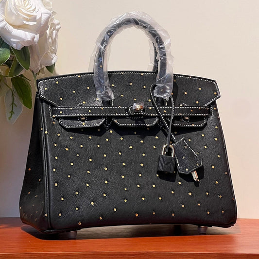KELLY SELLIER 25 BAG IN BLACK OSTRICH LEATHER WITH GOLD RHINSTONES (MADE - TO - ODER)