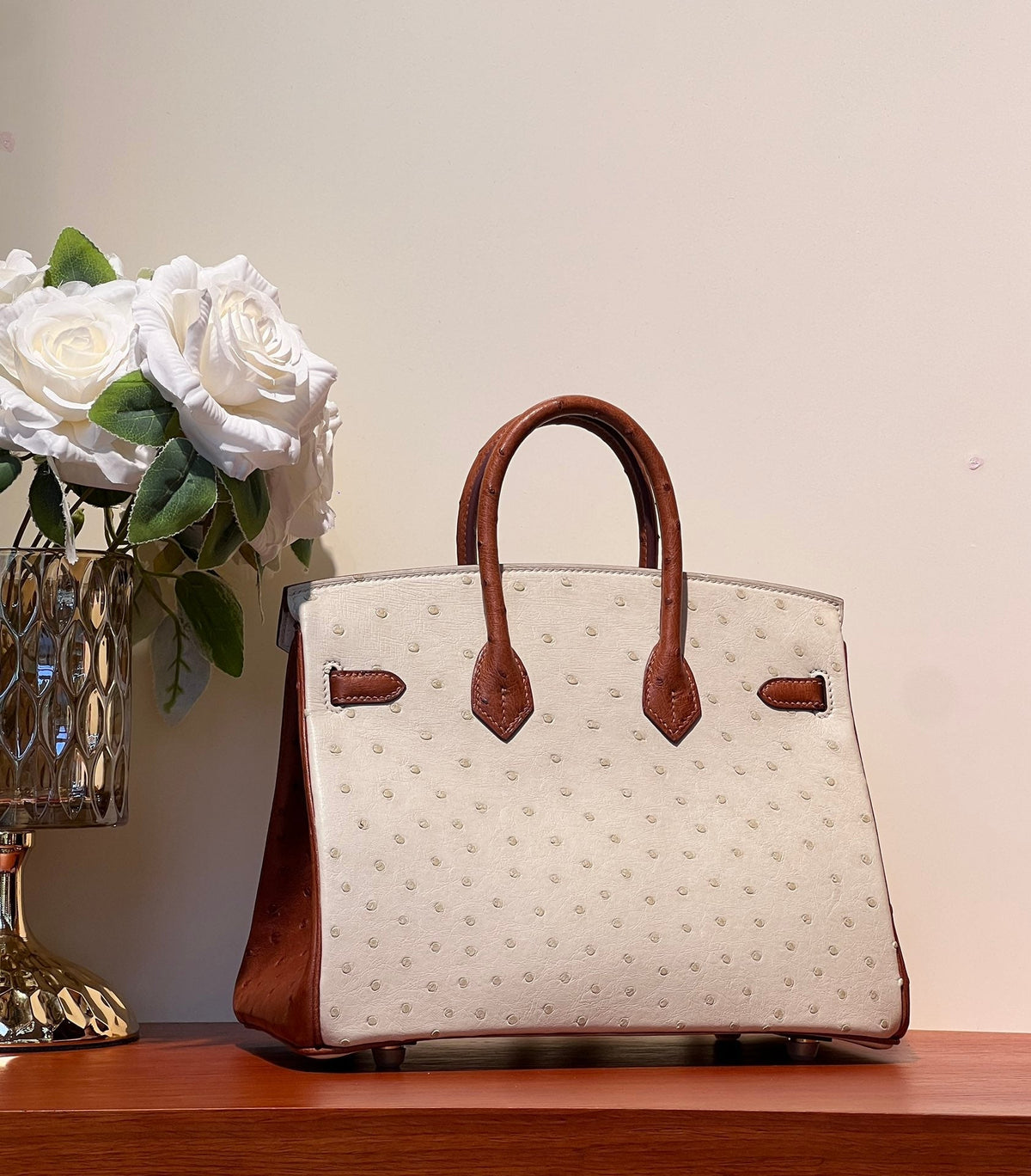 KELLY SELLIER 25 BAG IN WHITE MIX RED BROWN OSTRICH LEATHER (MADE - TO - ODER)