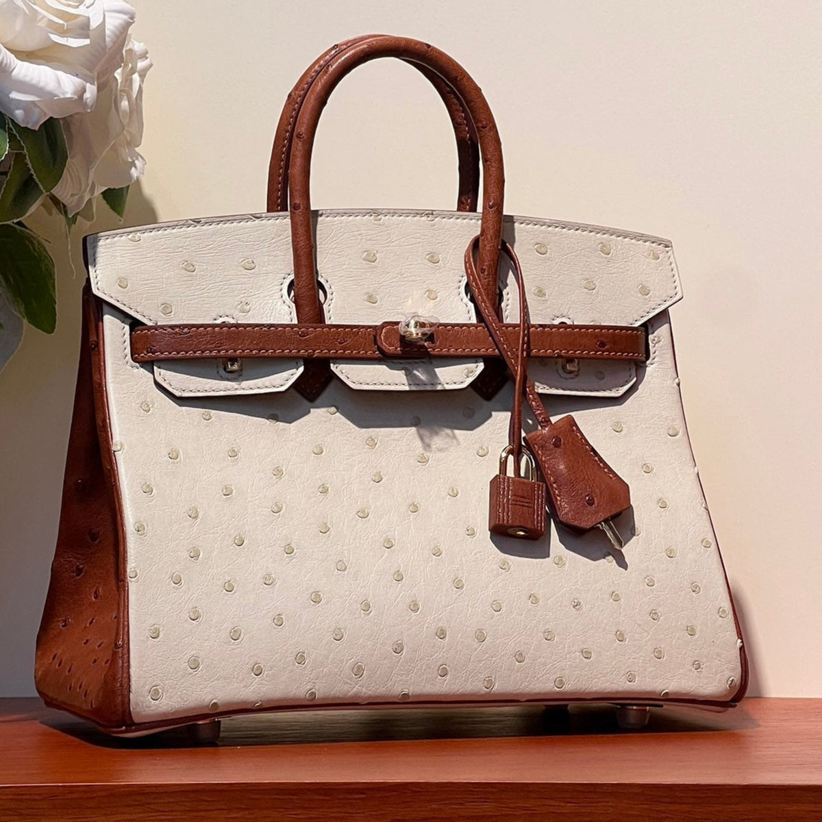 KELLY SELLIER 25 BAG IN WHITE MIX RED BROWN OSTRICH LEATHER (MADE - TO - ODER)