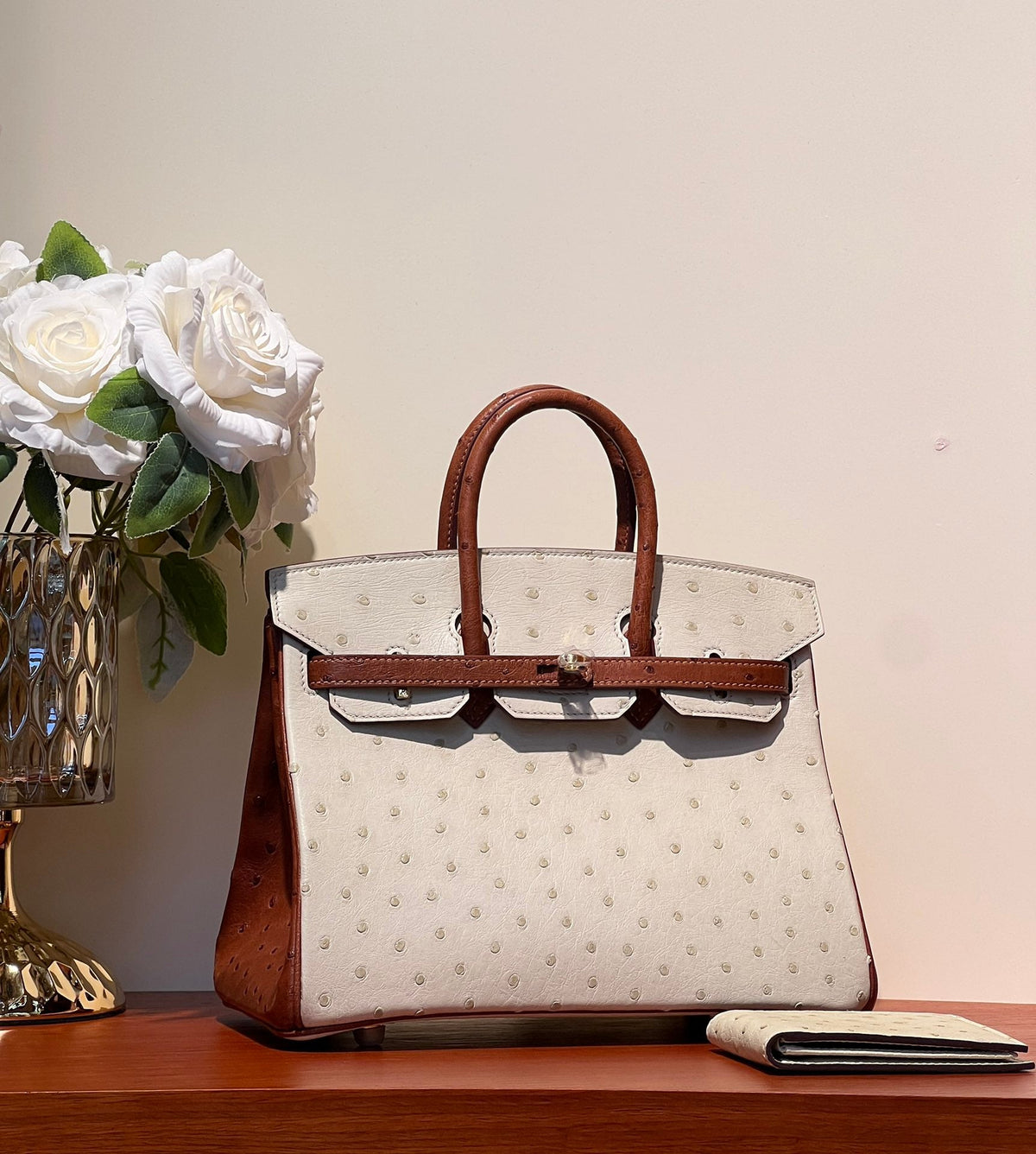 KELLY SELLIER 25 BAG IN WHITE MIX RED BROWN OSTRICH LEATHER (MADE - TO - ODER)