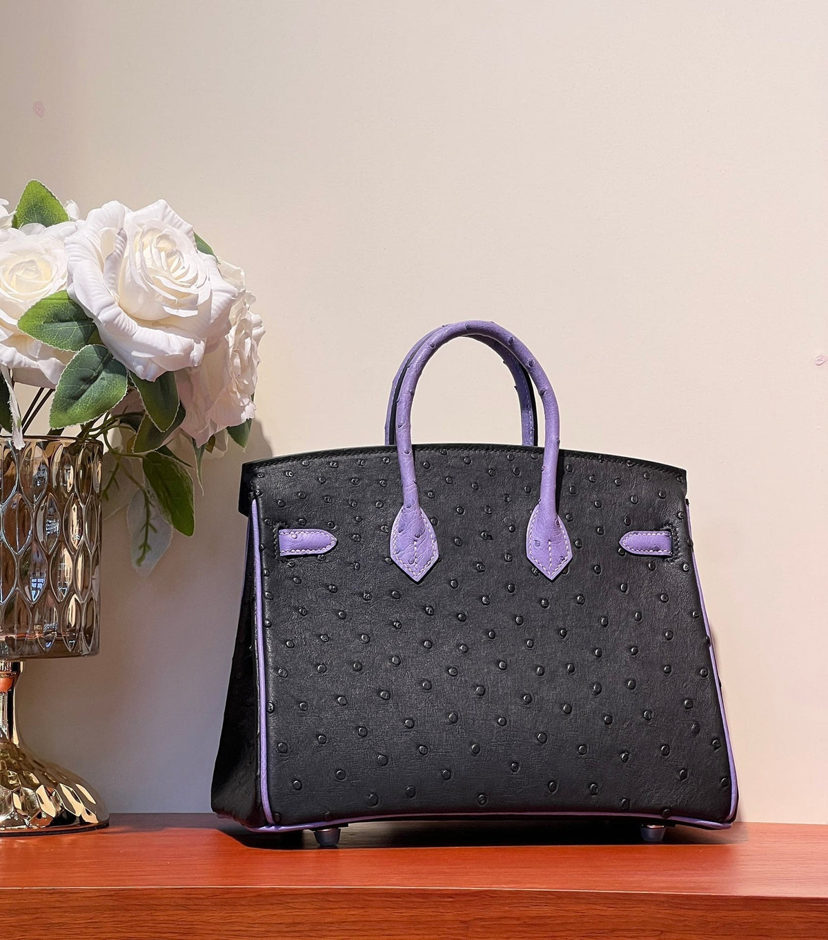 KELLY SELLIER 25 BAG IN BLACK MIX AMETHYST PURPLE OSTRICH LEATHER (MADE - TO - ODER)