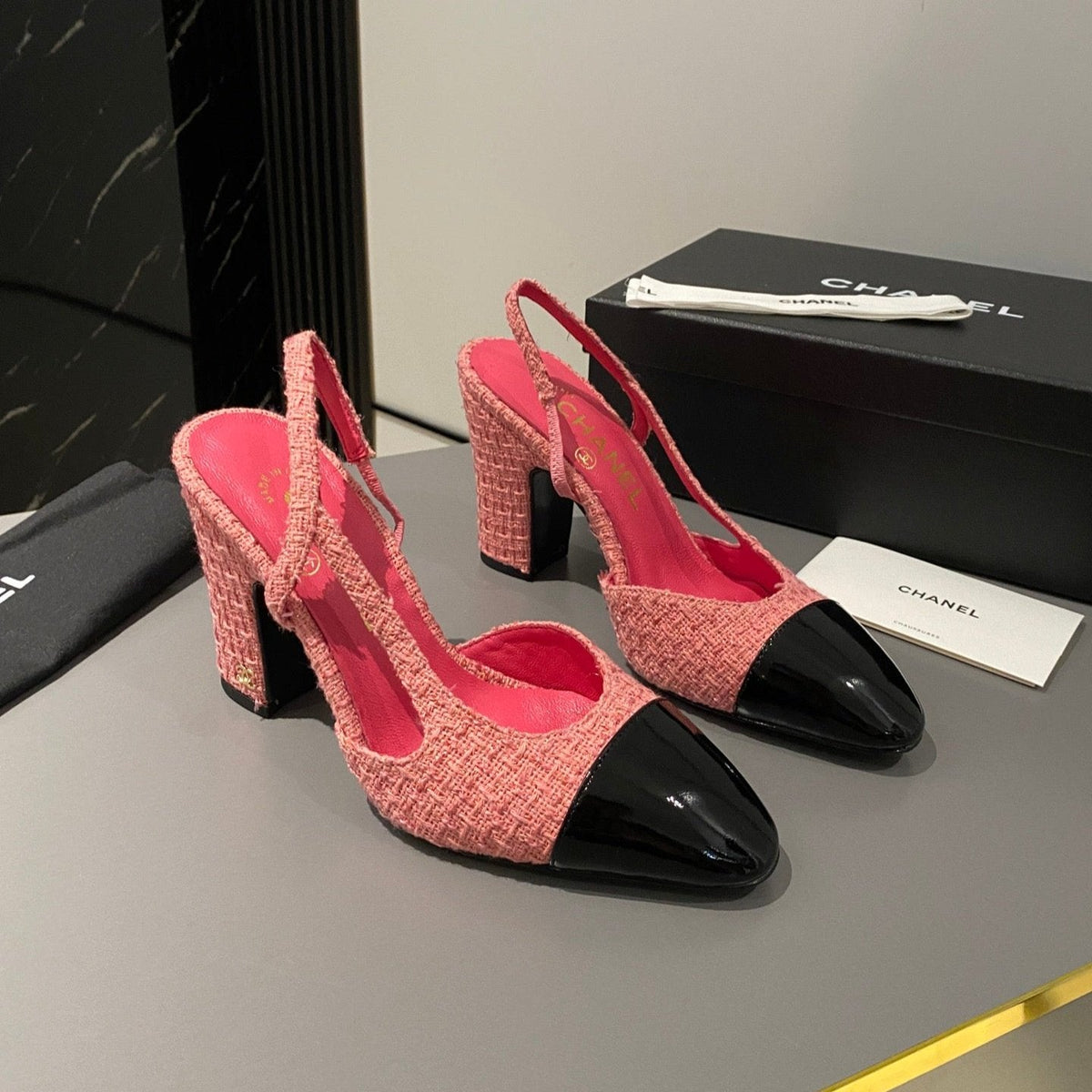 CC Slingback 95mm Pink Red Tweed Fabric