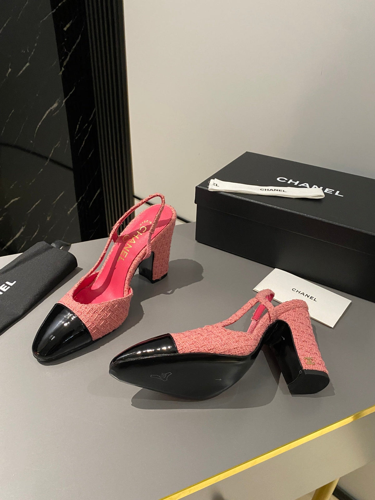 CC Slingback 95mm Pink Red Tweed Fabric