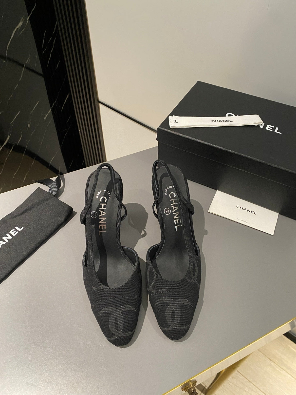 CC Slingback 95mm Black Denim Fabric