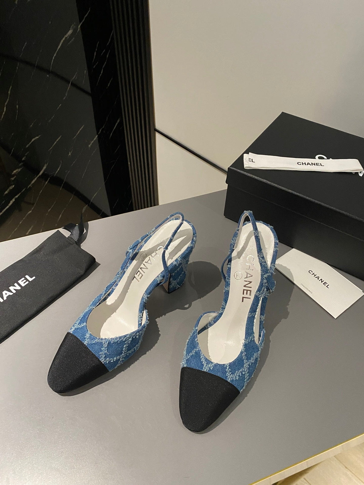 CC Slingback 95mm Dark Blue Tassel Denim Fabric