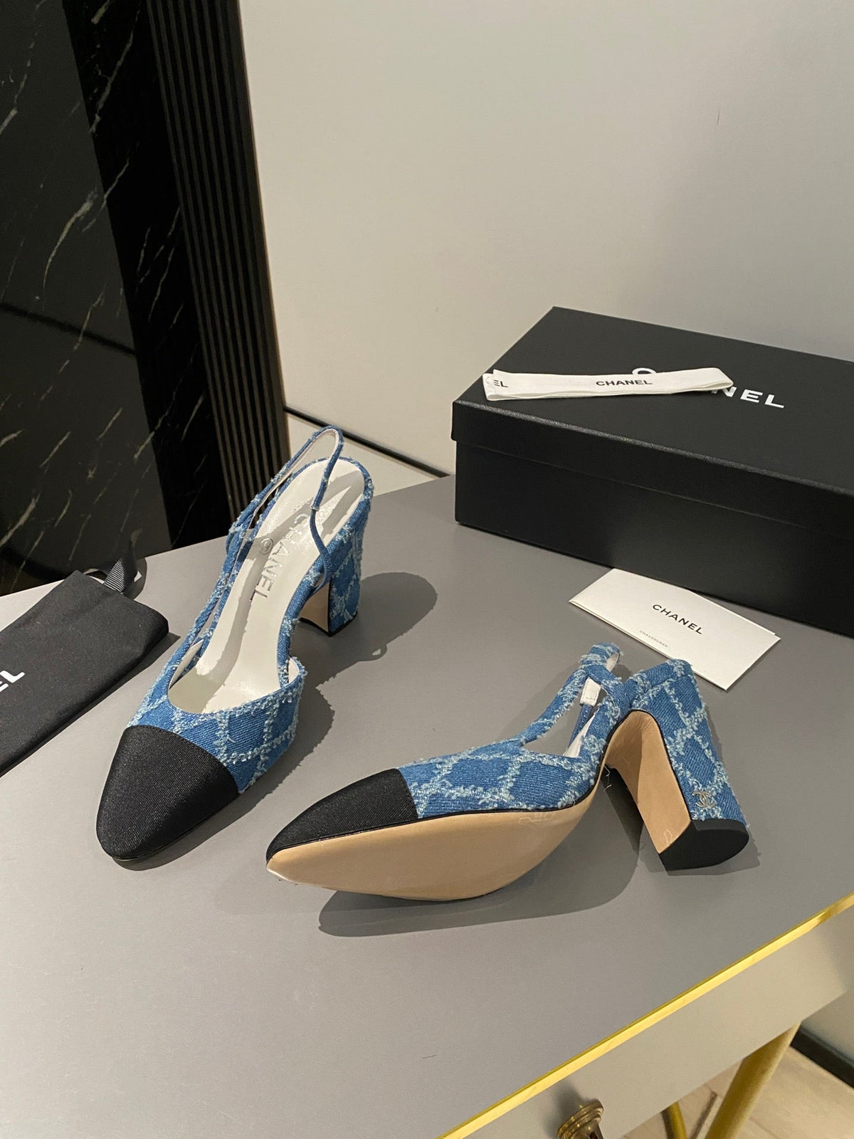 CC Slingback 95mm Dark Blue Tassel Denim Fabric