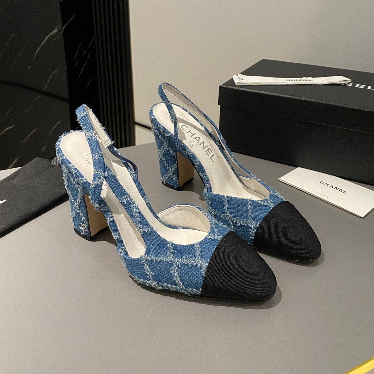 CC Slingback 95mm Dark Blue Tassel Denim Fabric