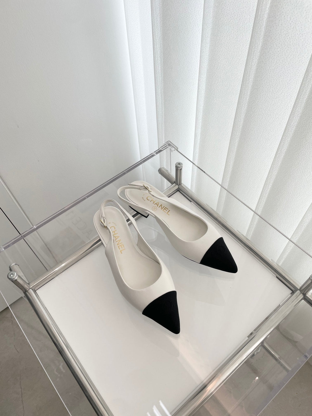 CC Slingback 15mm White Lambskin And Denim Fabric