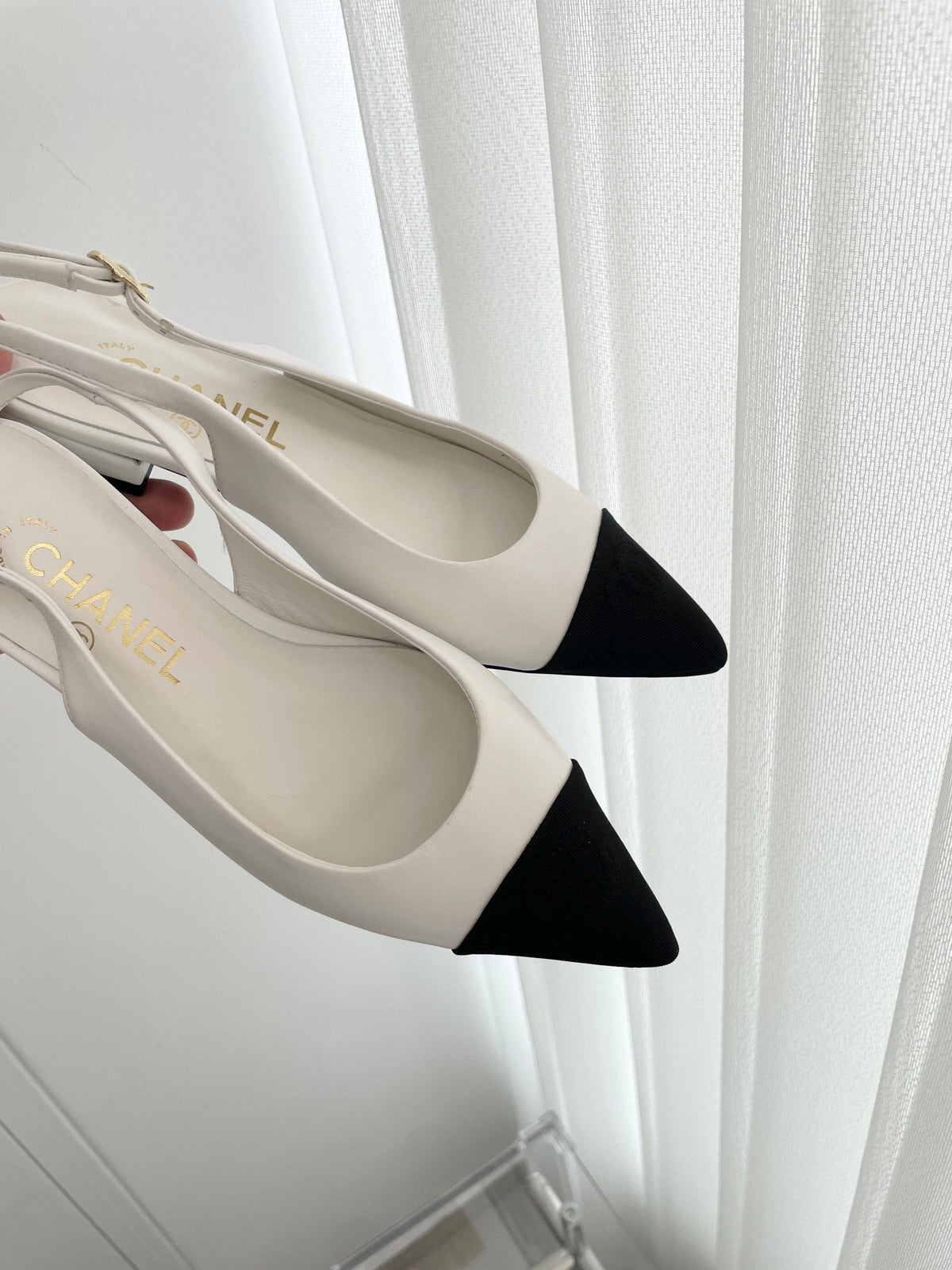 CC Slingback 15mm White Lambskin And Denim Fabric