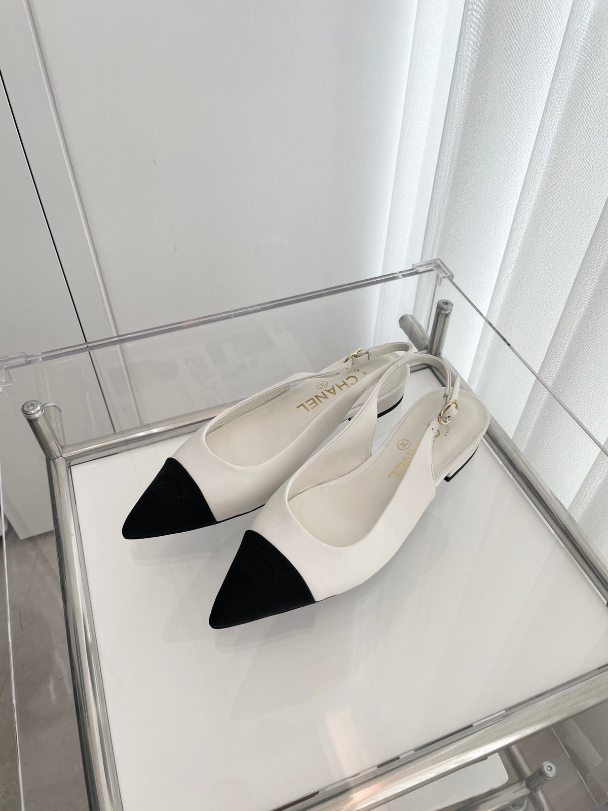 CC Slingback 15mm White Lambskin And Denim Fabric