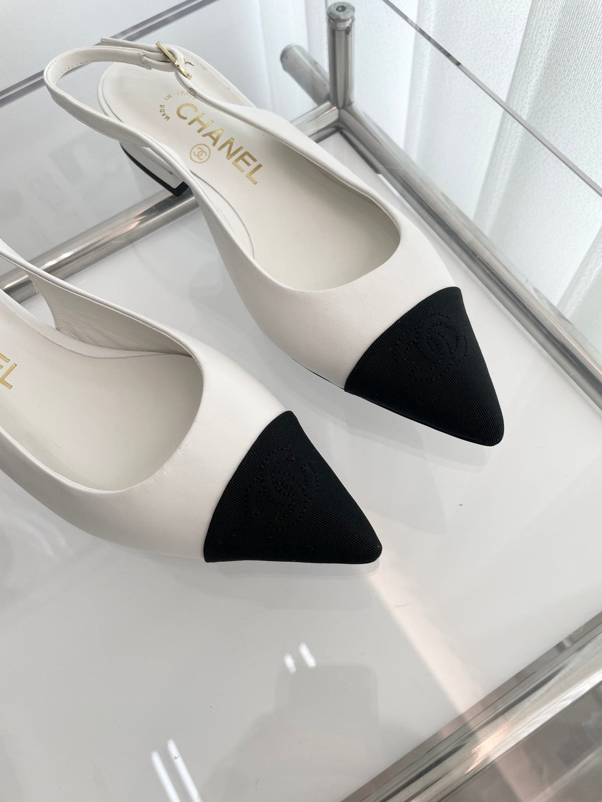 CC Slingback 15mm White Lambskin And Denim Fabric
