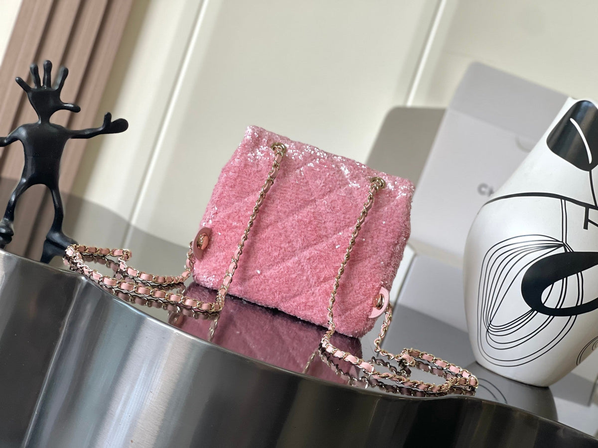 Chanel 25 Sequin Embroidered 21cm Bag Pink Leather Sequins 286171