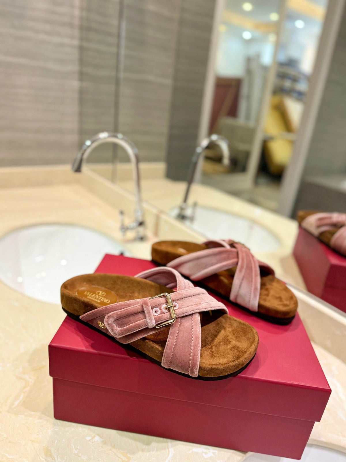 FUSSFRIEND CREPE PINK SILK VELVET SLIDE SANDALS
