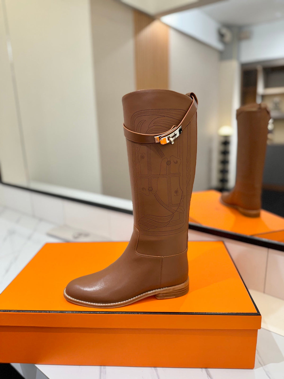 HM Jumping Boot 20MM Brown Printed Pattern Cowhide 992356