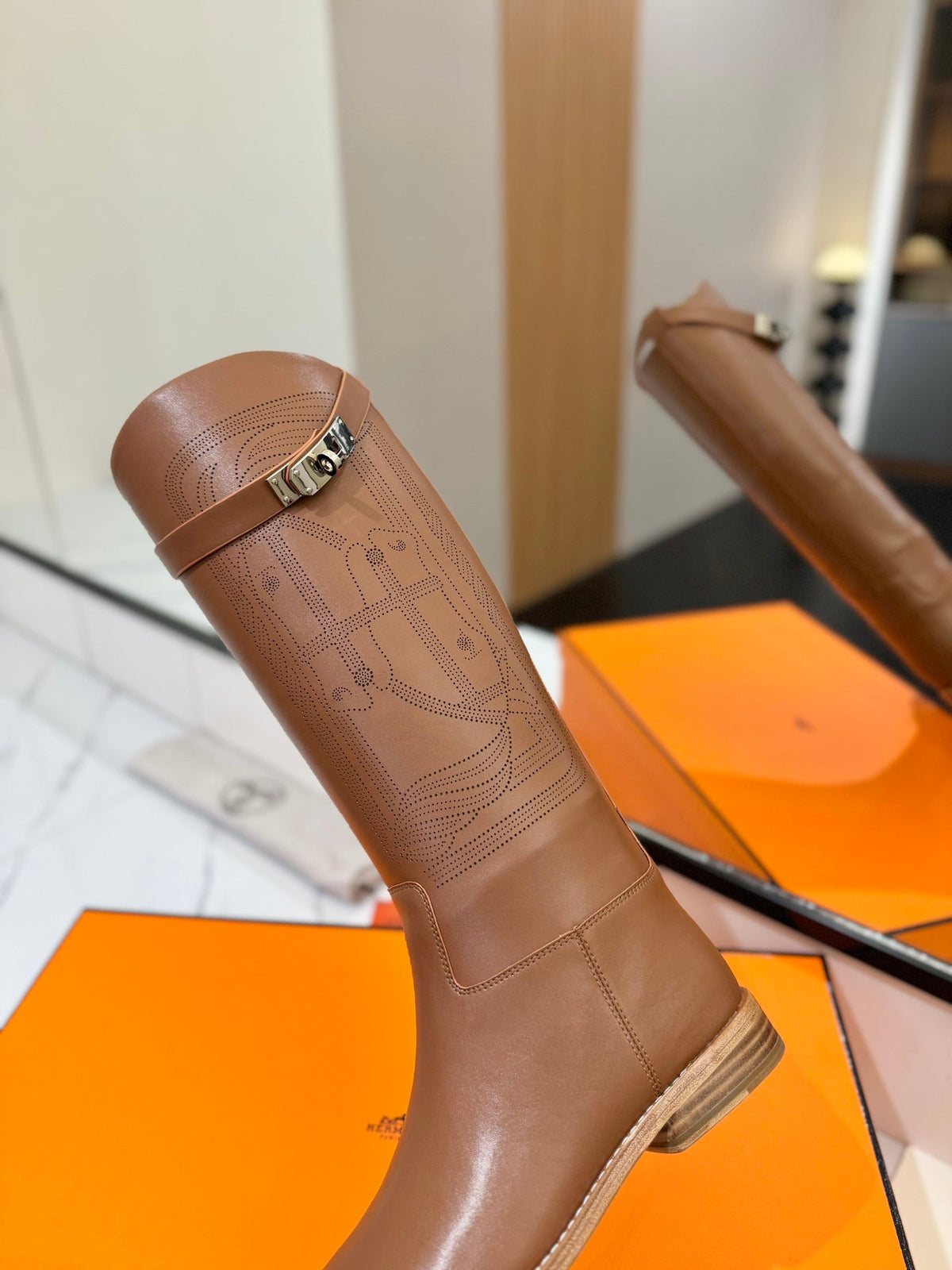 HM Jumping Boot 20MM Brown Printed Pattern Cowhide 992356