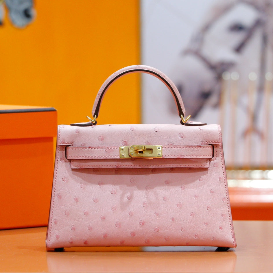 HM Mini Kelly 19cm Pink Ostrich Gold Hardware