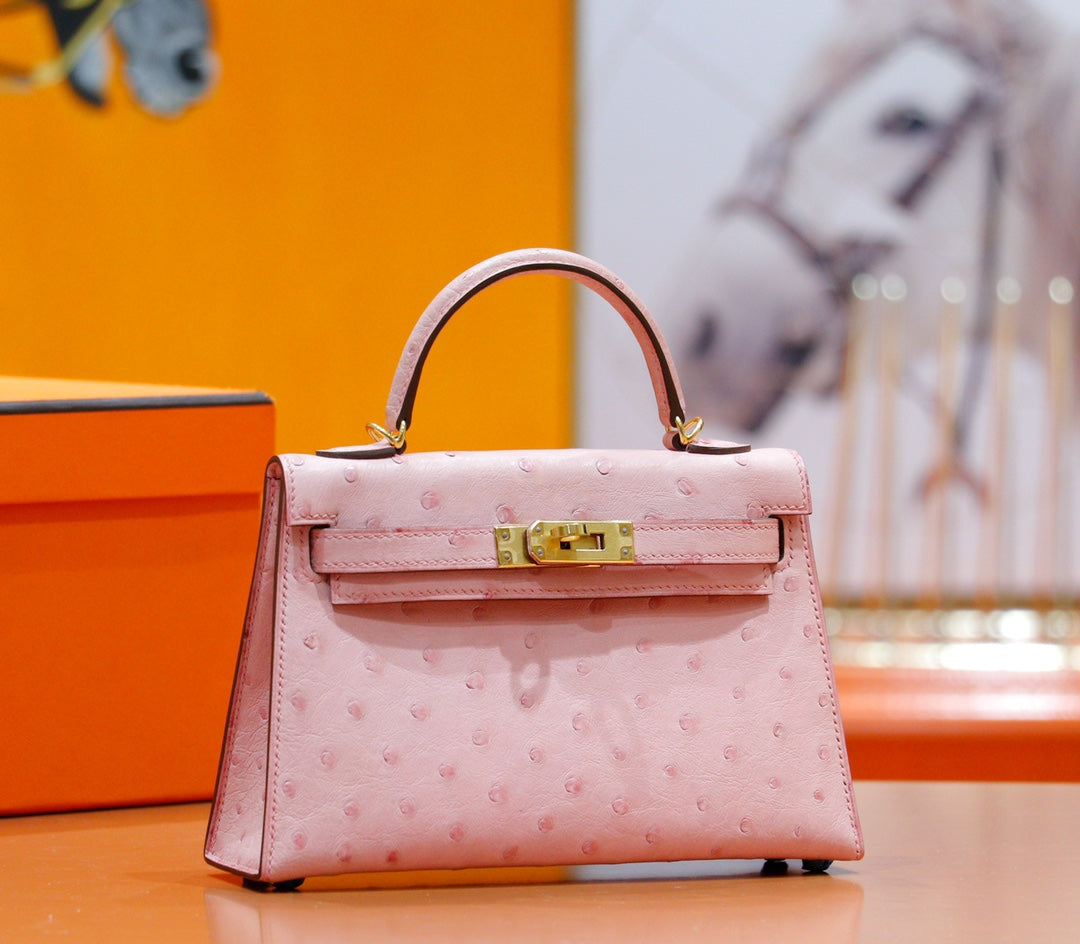 HM Mini Kelly 19cm Pink Ostrich Gold Hardware