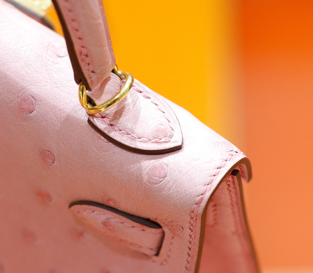 HM Mini Kelly 19cm Pink Ostrich Gold Hardware