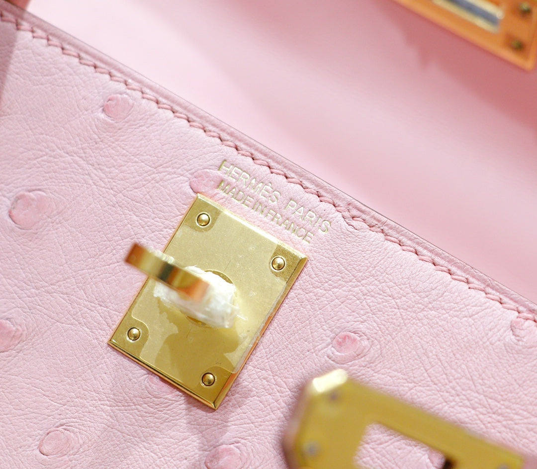 HM Mini Kelly 19cm Pink Ostrich Gold Hardware