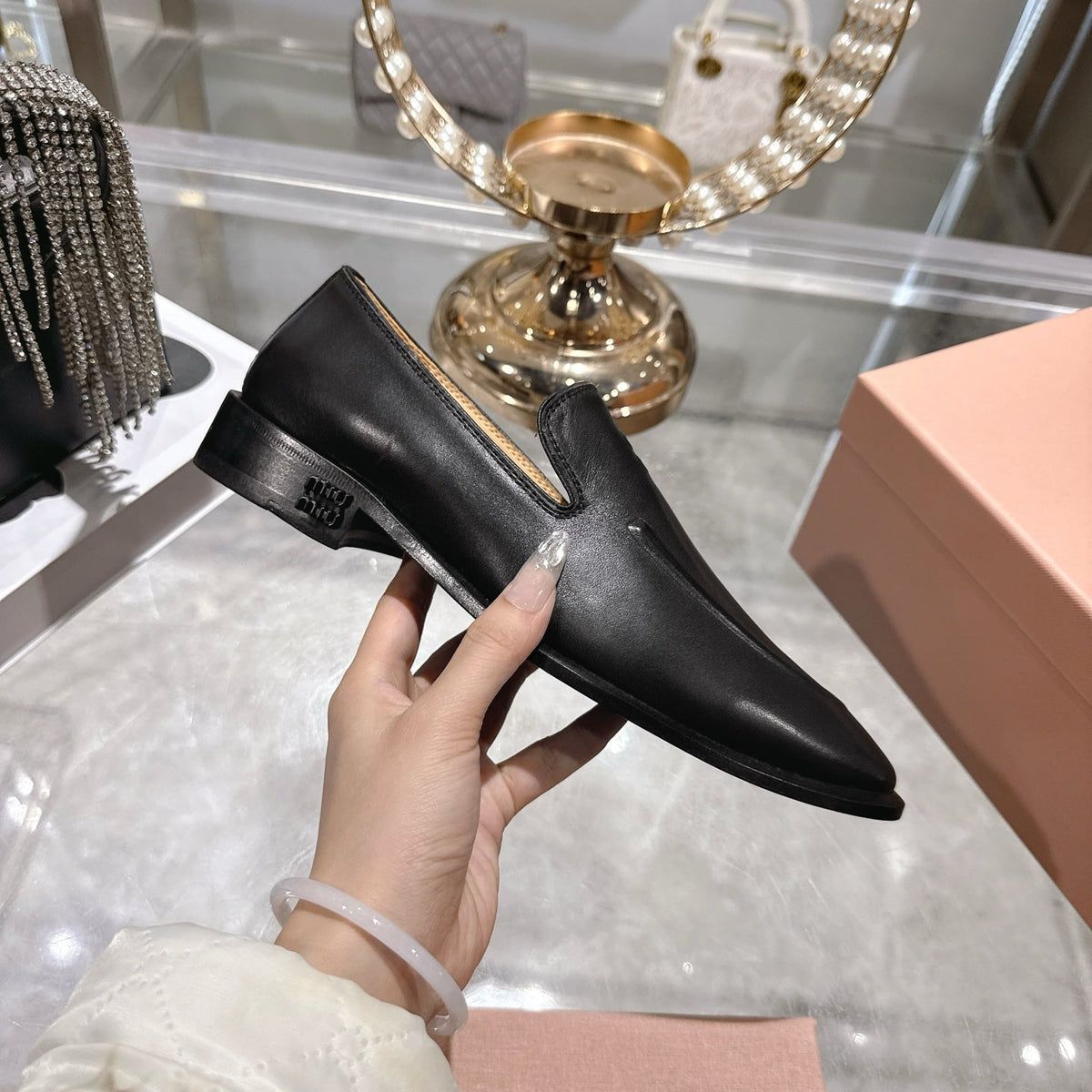 Miu Distressed Loafers Black Cowhide 592054