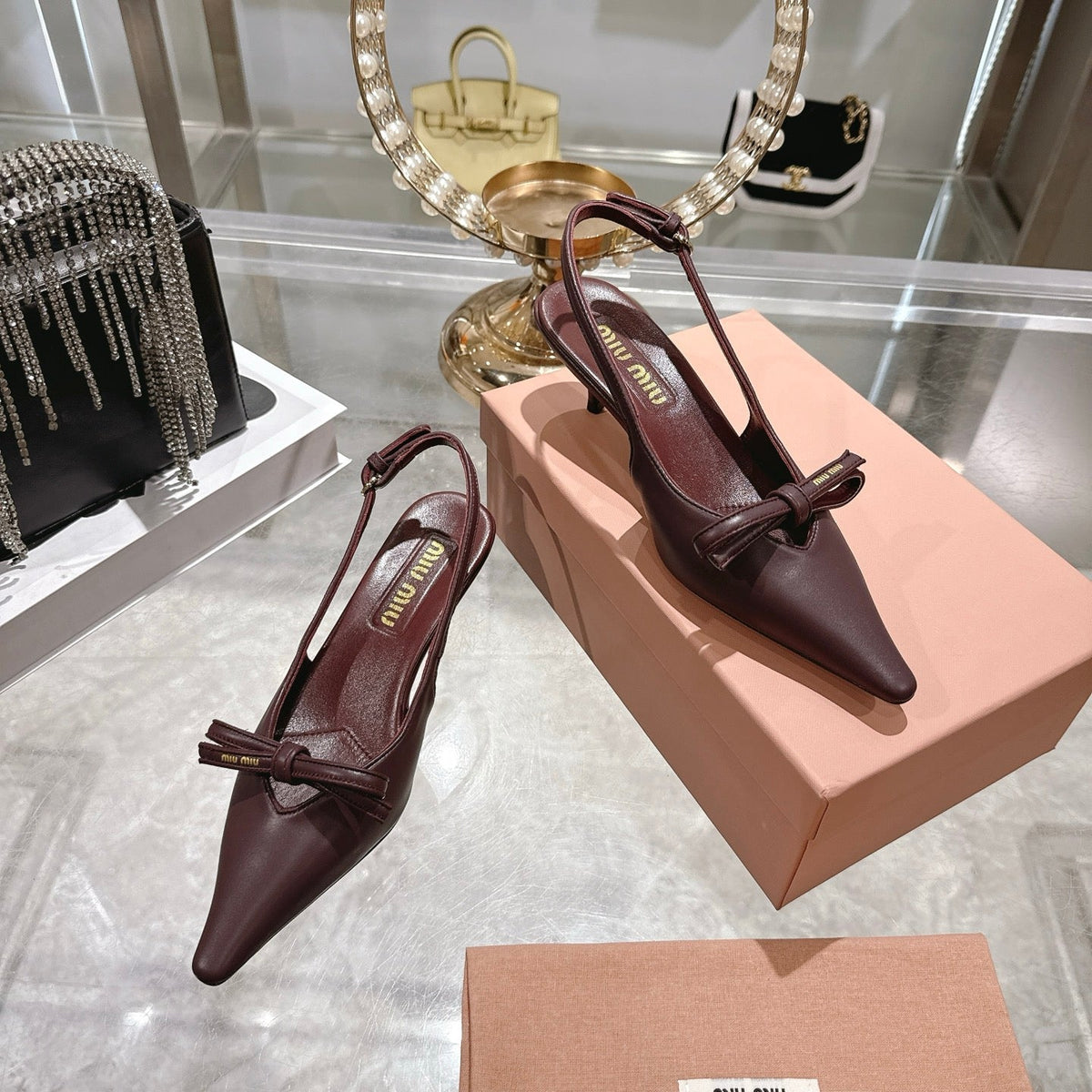Miu 26 High Heel Slingback 45 Burgundy Leather 592095