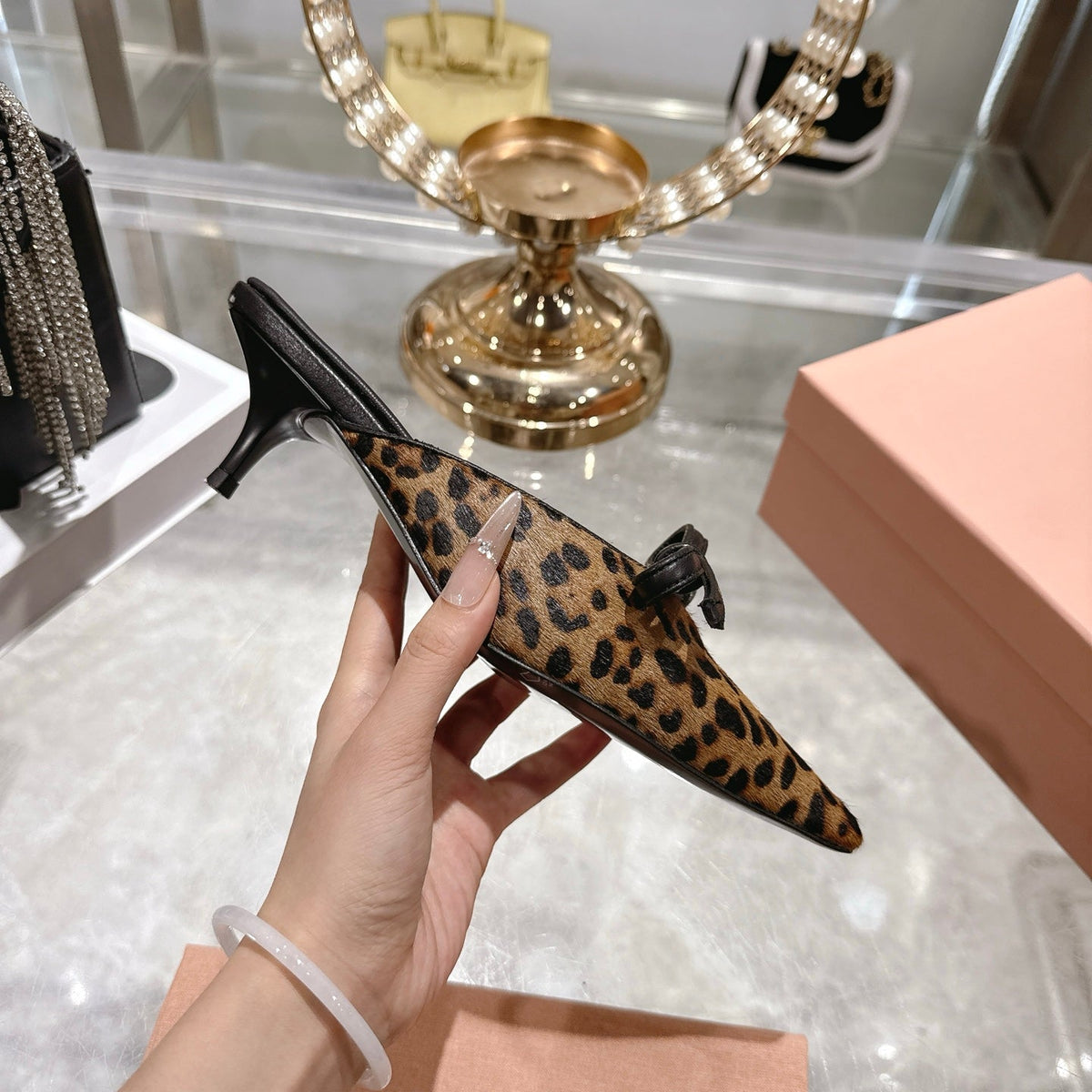 Miu 26 Pointed Toe Mule 45 Leopard Print Sheepskin 592091