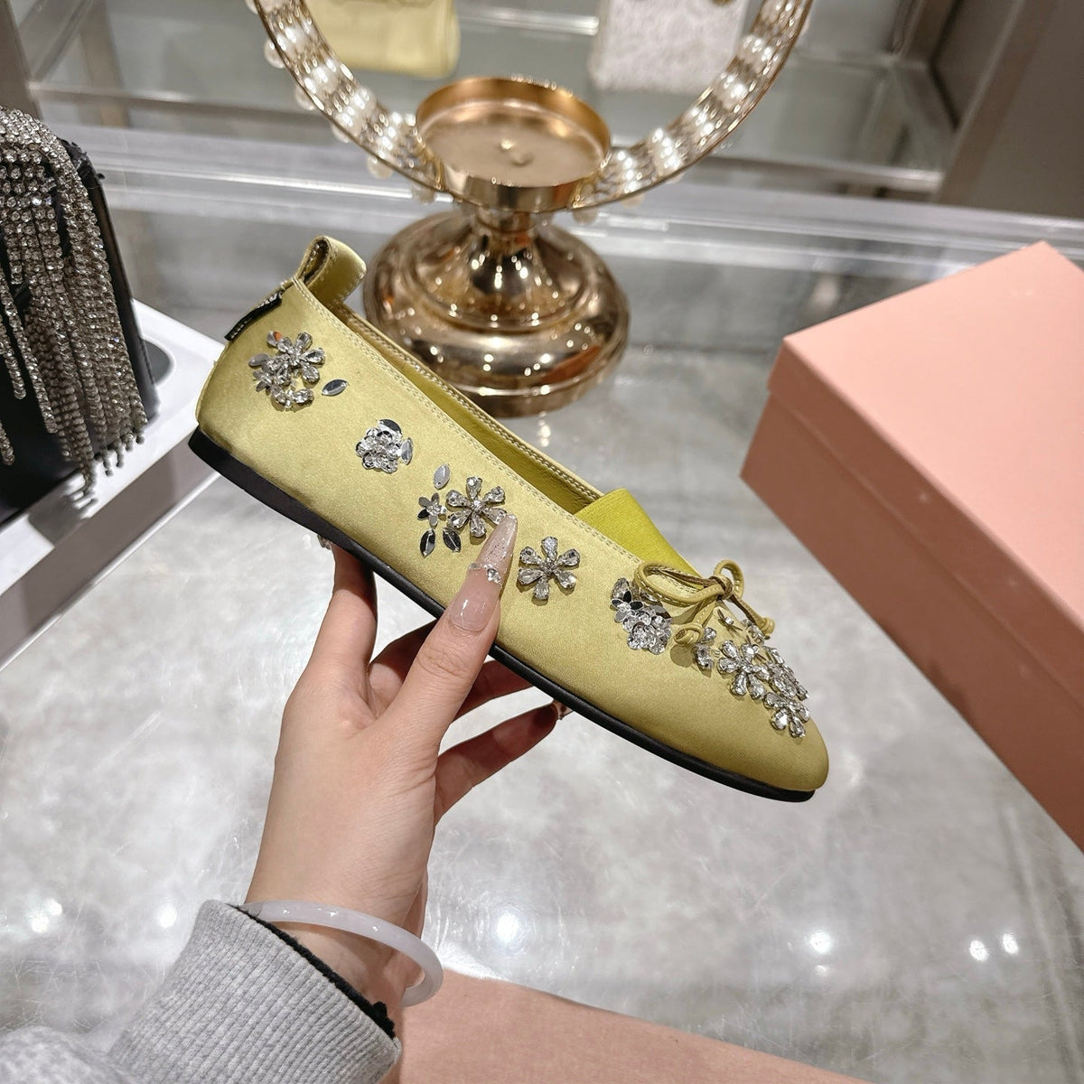 Miu 26 Ballet Flats with Crystal Rhinestones Lemony Yellow Silk Satin 592103