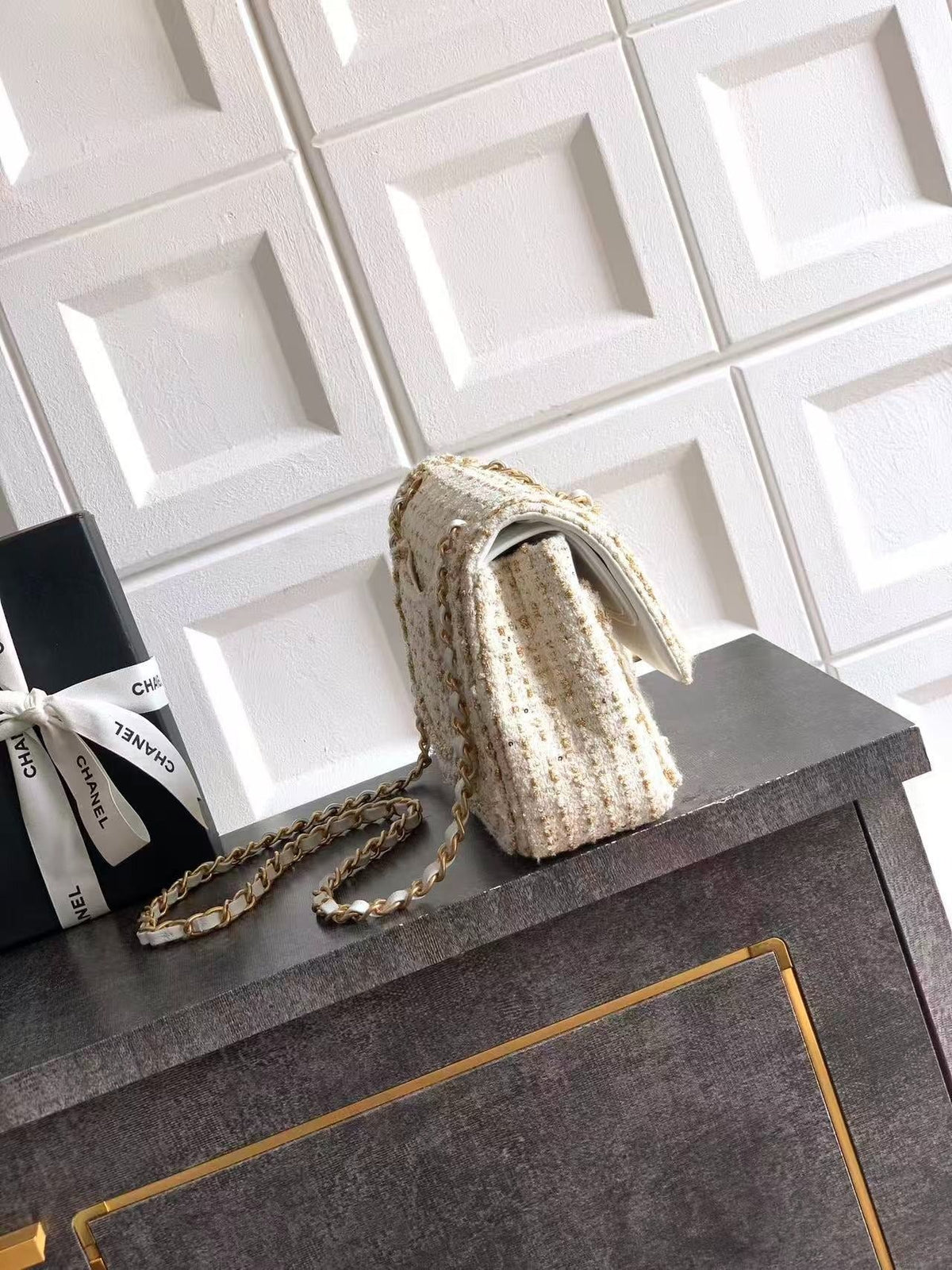 Chanel 2026 Quilted Rectangular Flap Bag 25cm White Gold Tweed Leather