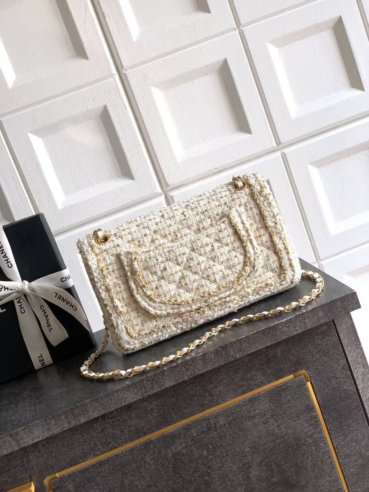 Chanel 2026 Quilted Rectangular Flap Bag 25cm White Gold Tweed Leather