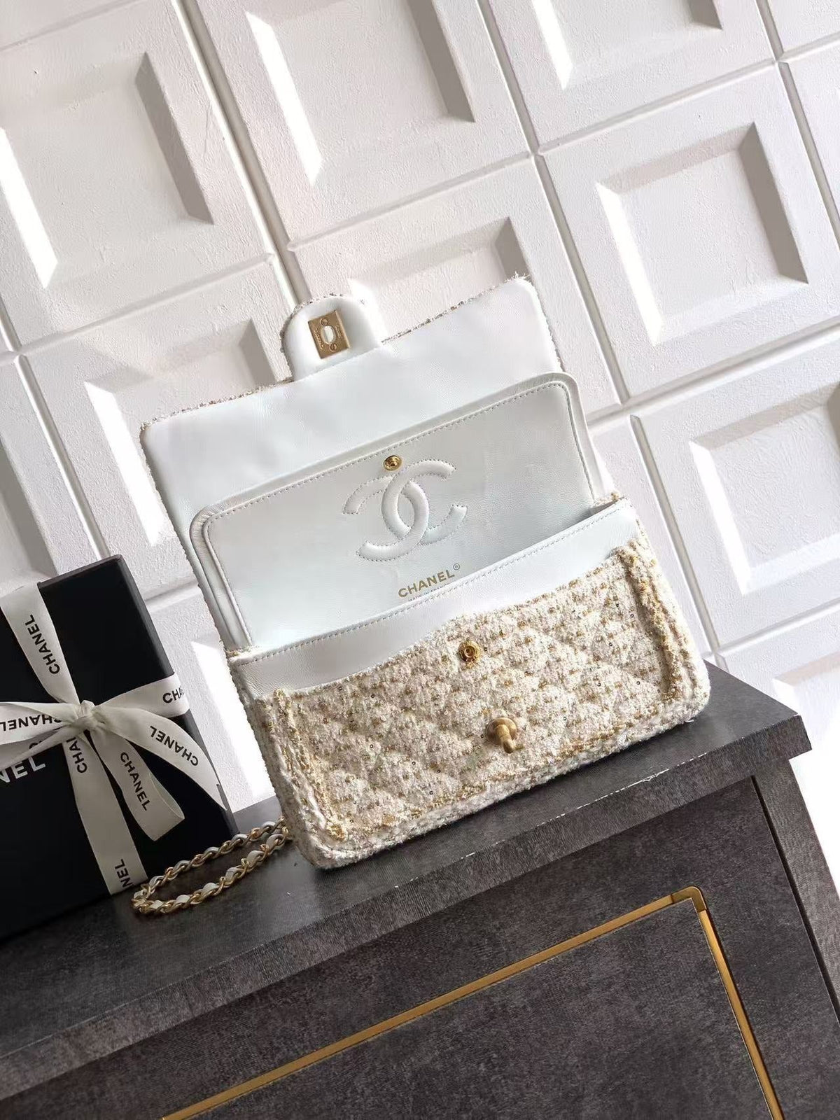 Chanel 2026 Quilted Rectangular Flap Bag 25cm White Gold Tweed Leather
