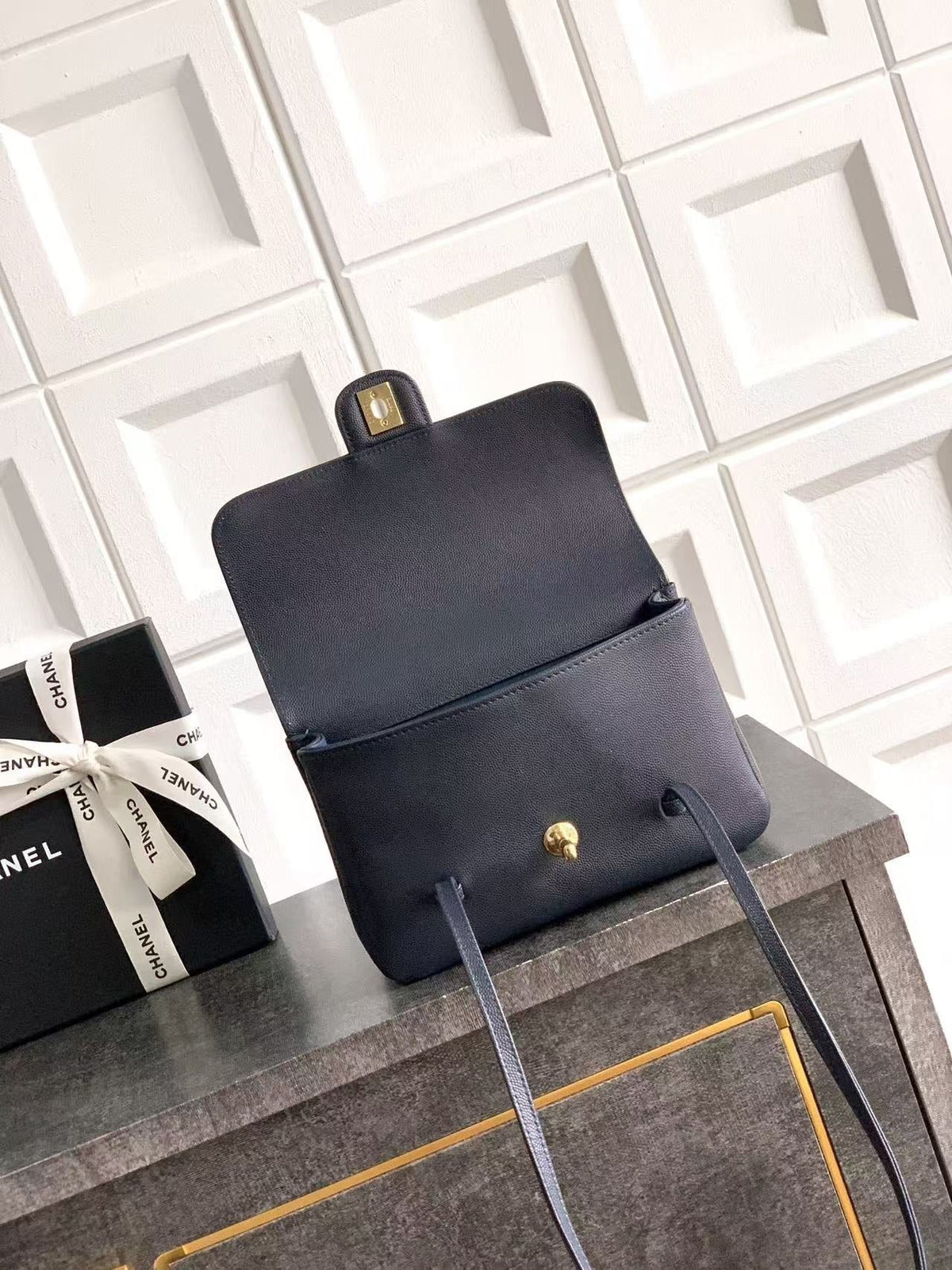 Chanel 2026 Bag 22cm Blue Grained Shiny Calfskin