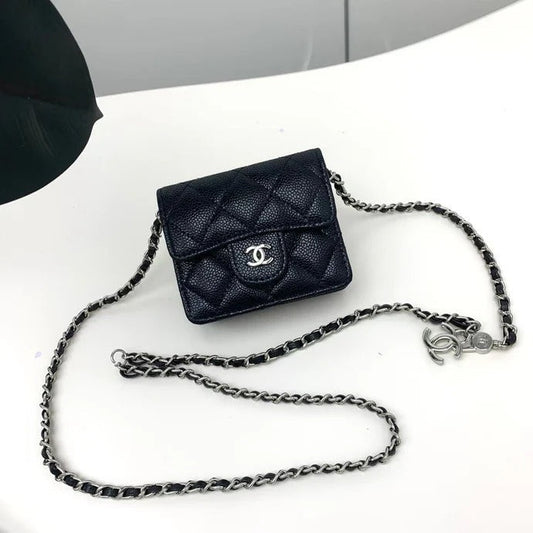 Chanel 2026 Quilted Flap Card Holder with Chain Black Caviar Leather