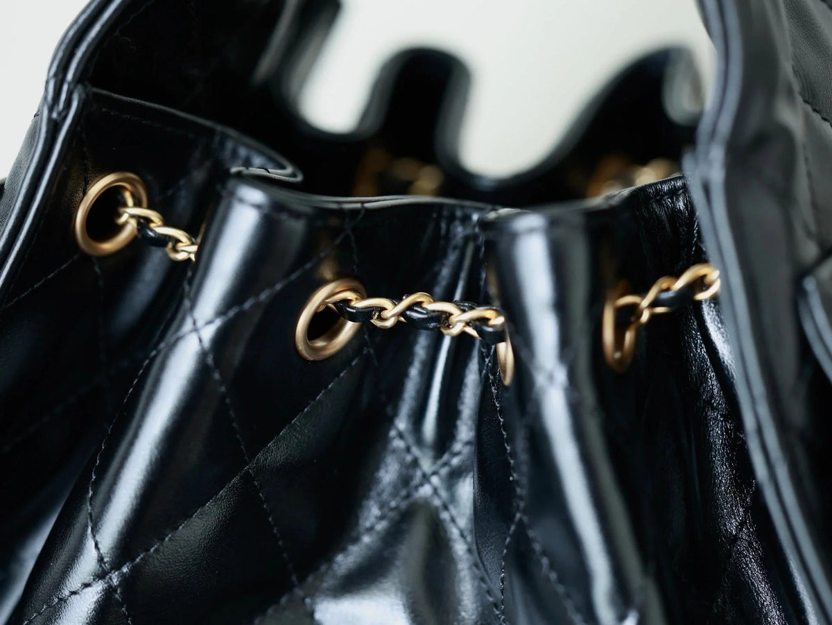 CHANEL 25S HOBO BAG 30 CM IN BLACK LIGHT GLOSSY LEATHER WITH GOLD HARDWARE