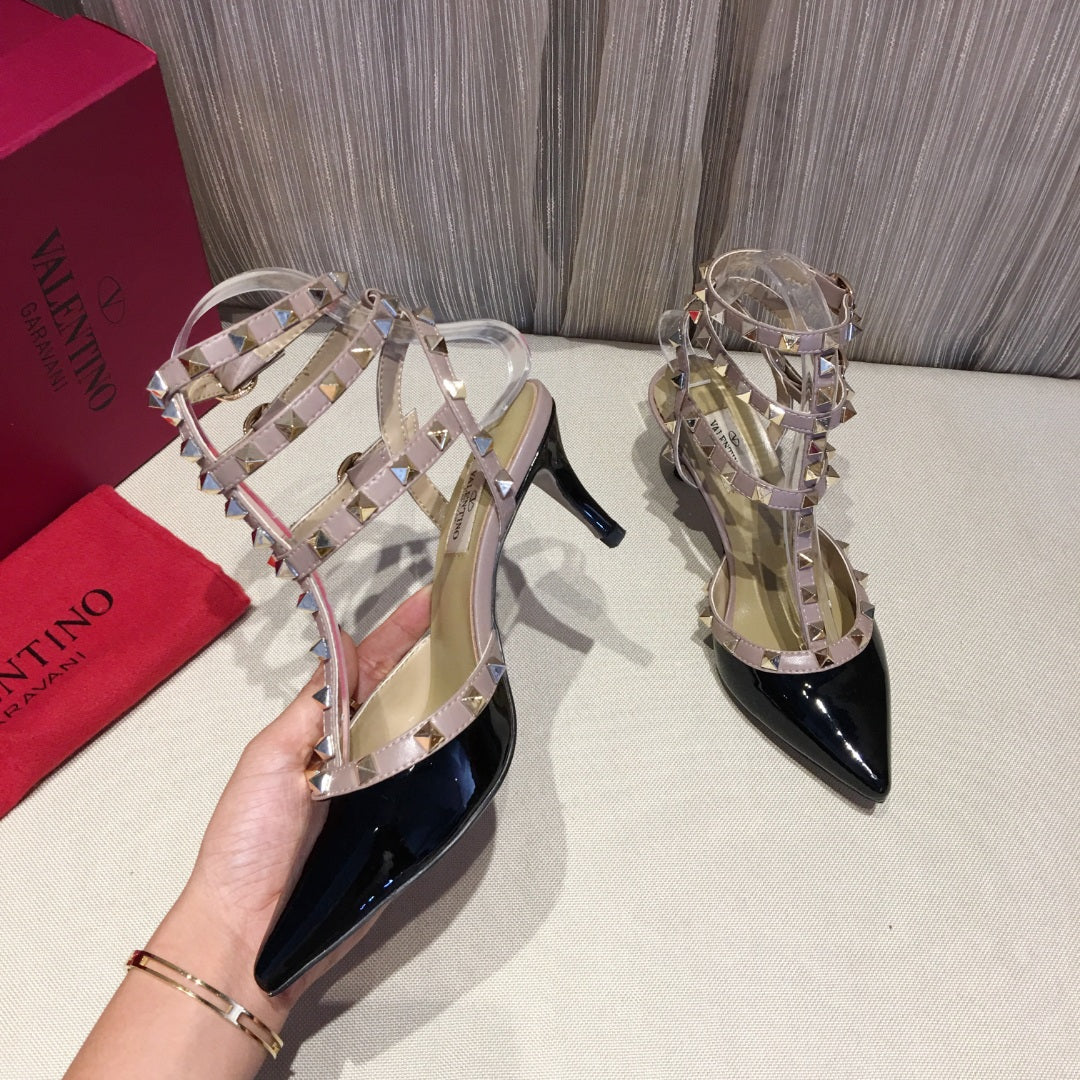Valentino Rockstud Caged Pumps 65mm Black mix Nude Patent Leather 239637