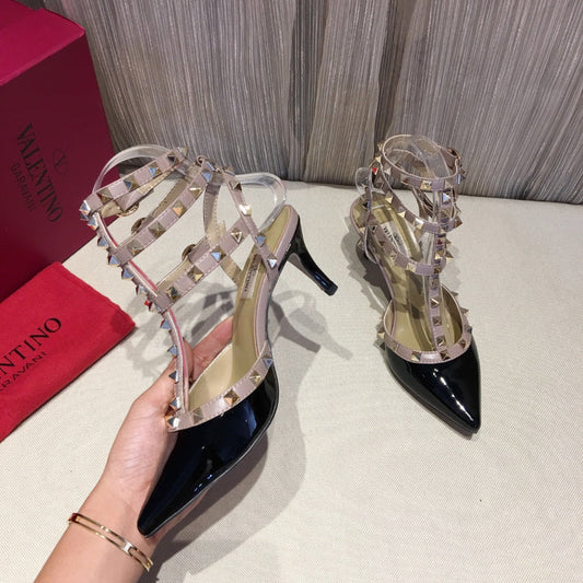 Valentino Rockstud Caged Pumps 65mm Black mix Nude Patent Leather 239637