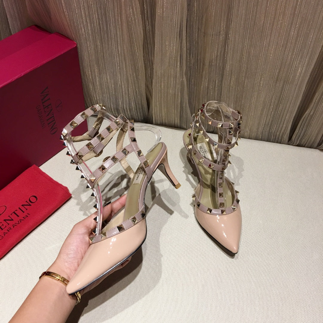 Valentino Rockstud Caged Pumps 65mm Nude Patent Leather 239635