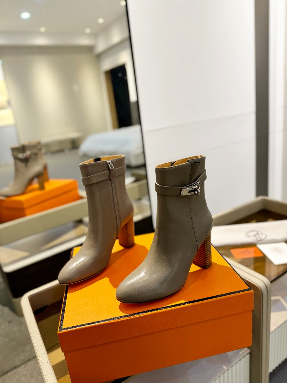 HM Saint Germain Ankle Boot 85mm Beige Light Brown Cowhide 961649